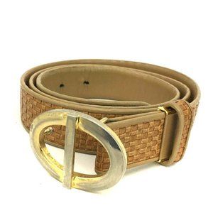 Dior Camel Intrecciato Leather Belt w Oval Two-Tone Buckle